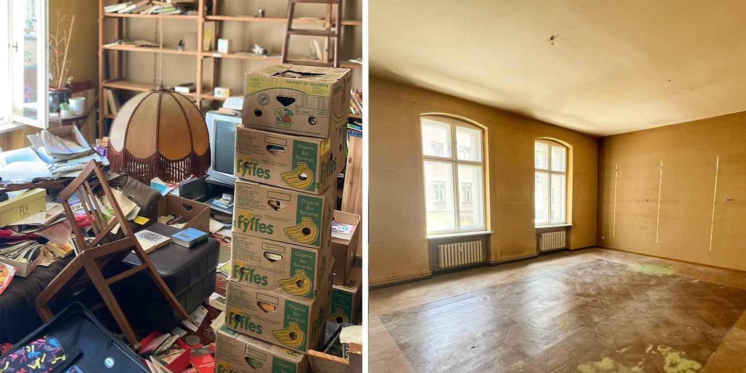 Cluttered Berlin period-building room piled with boxes and stacks of paper before junk removal, next to the same room cleared empty
