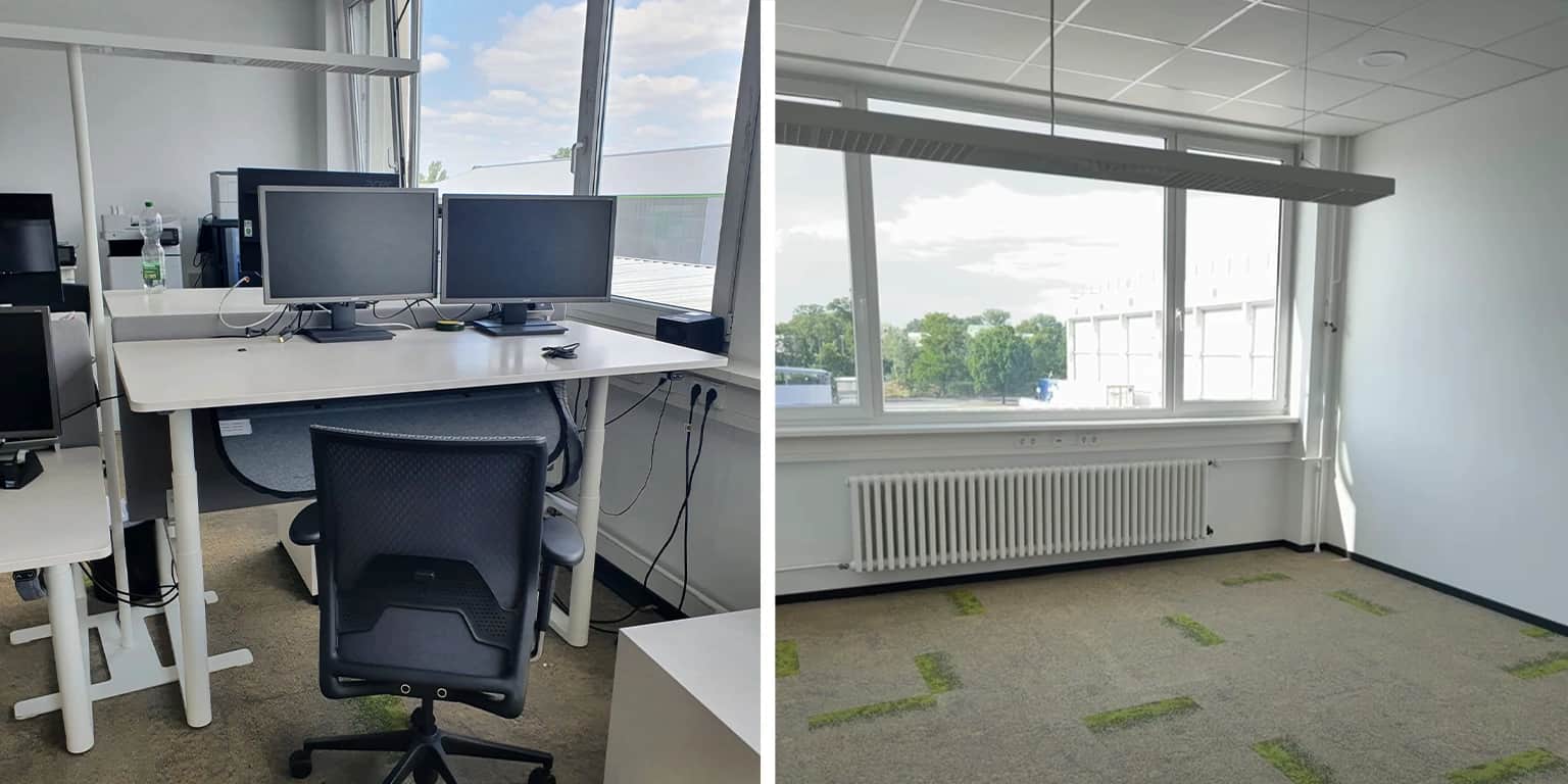 Berlin office with a desk, two monitors and an office chair before a commercial clearance, next to the same room cleared out
