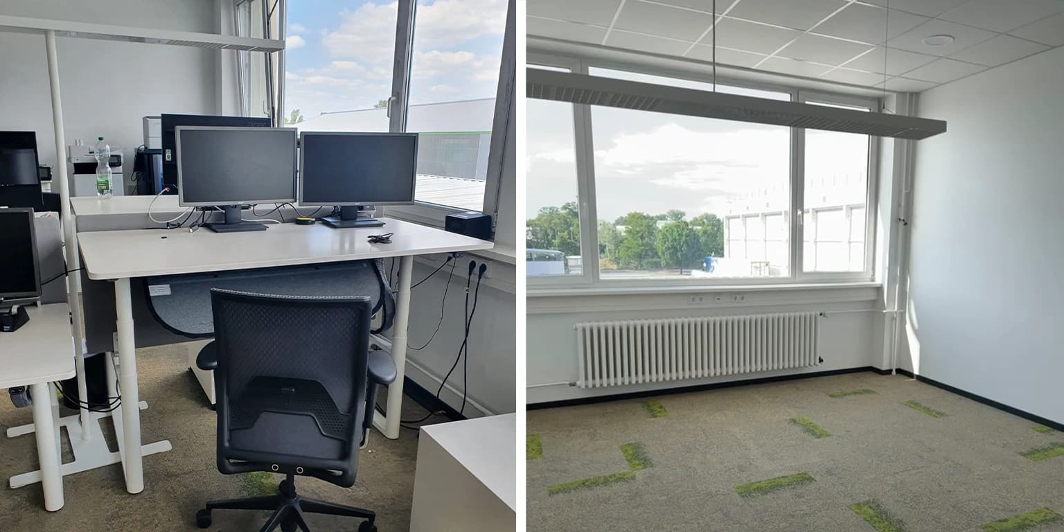 Berlin office with a desk, two monitors and an office chair before a commercial clearance, next to the same room cleared out