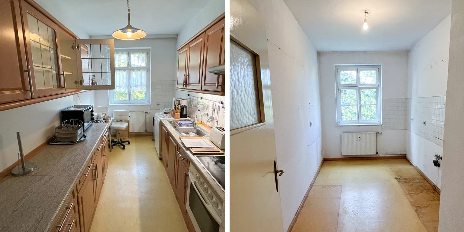 Enge Berliner Küche mit alten Holzschränken vor und nach der Haushaltsauflösung – links vollgeräumt, rechts leer und besenrein