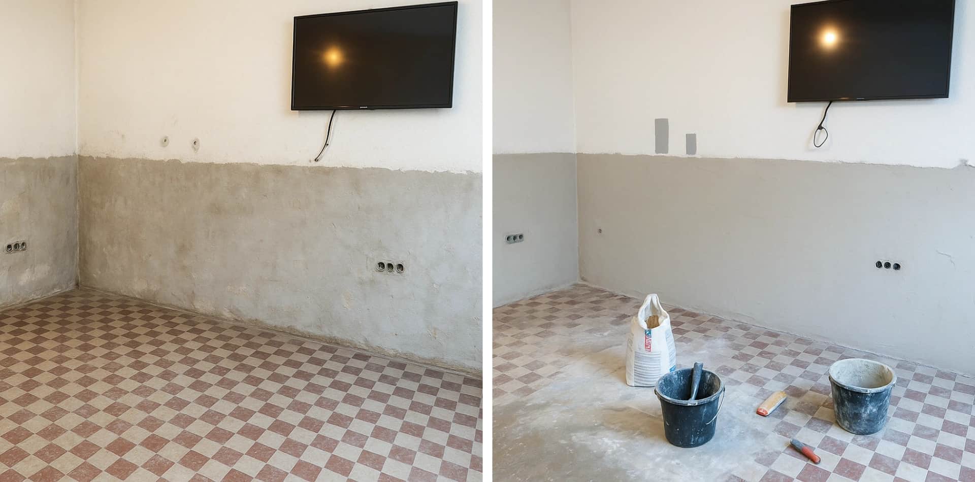 Room wall with damaged plaster before and after renovation in Berlin – freshly re-plastered on the right, with buckets and tools on the floor